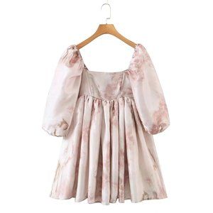 Renaissance art print puff sleeve babydoll dress